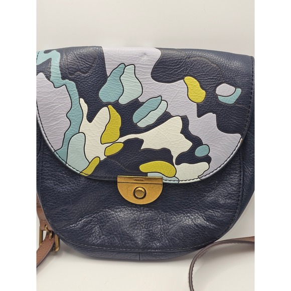 Fossil EMI Crossbody Saddle Bag Blue Multi Color Leather 8x9 inches - Picture 4 of 16